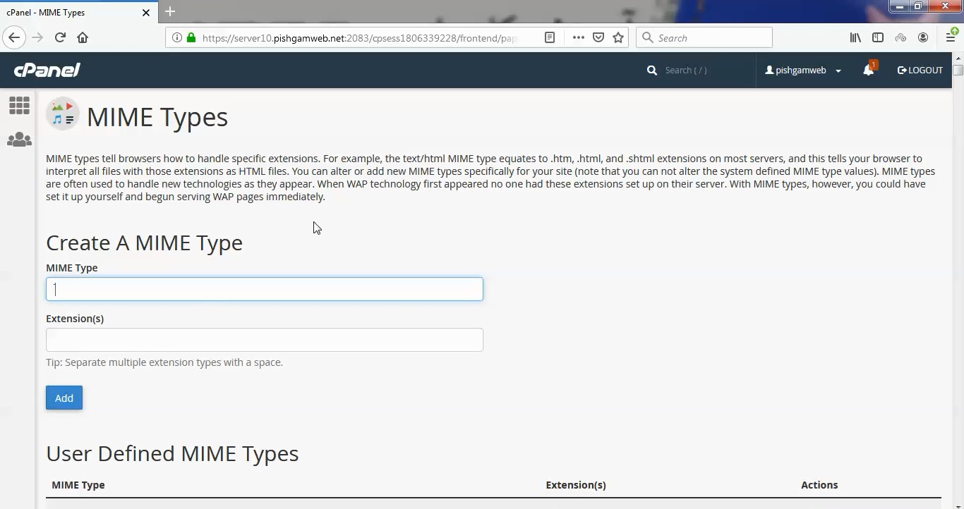 MIMETypesدرcpanel1 پیشگام وب