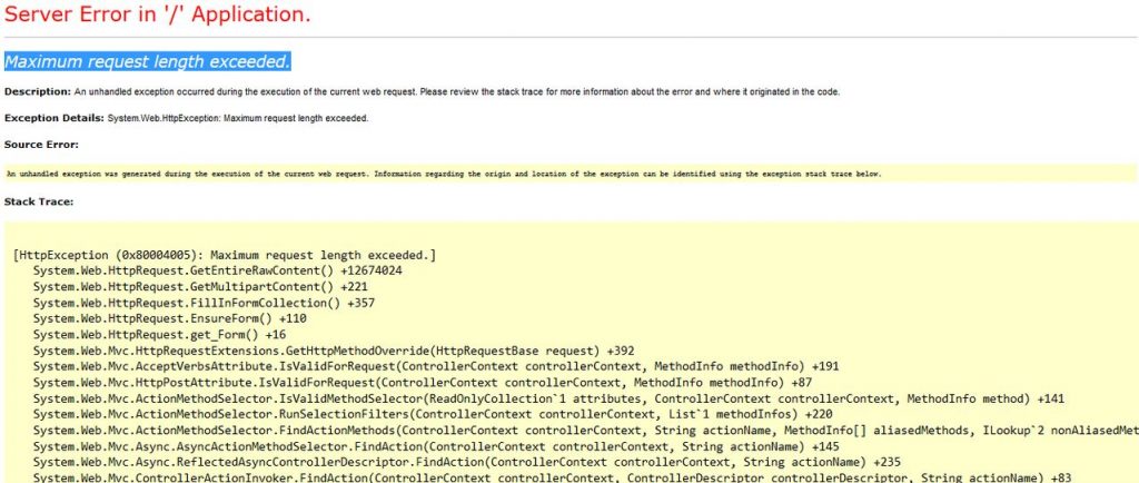 مشاهده خطای Maximum request length exceeded